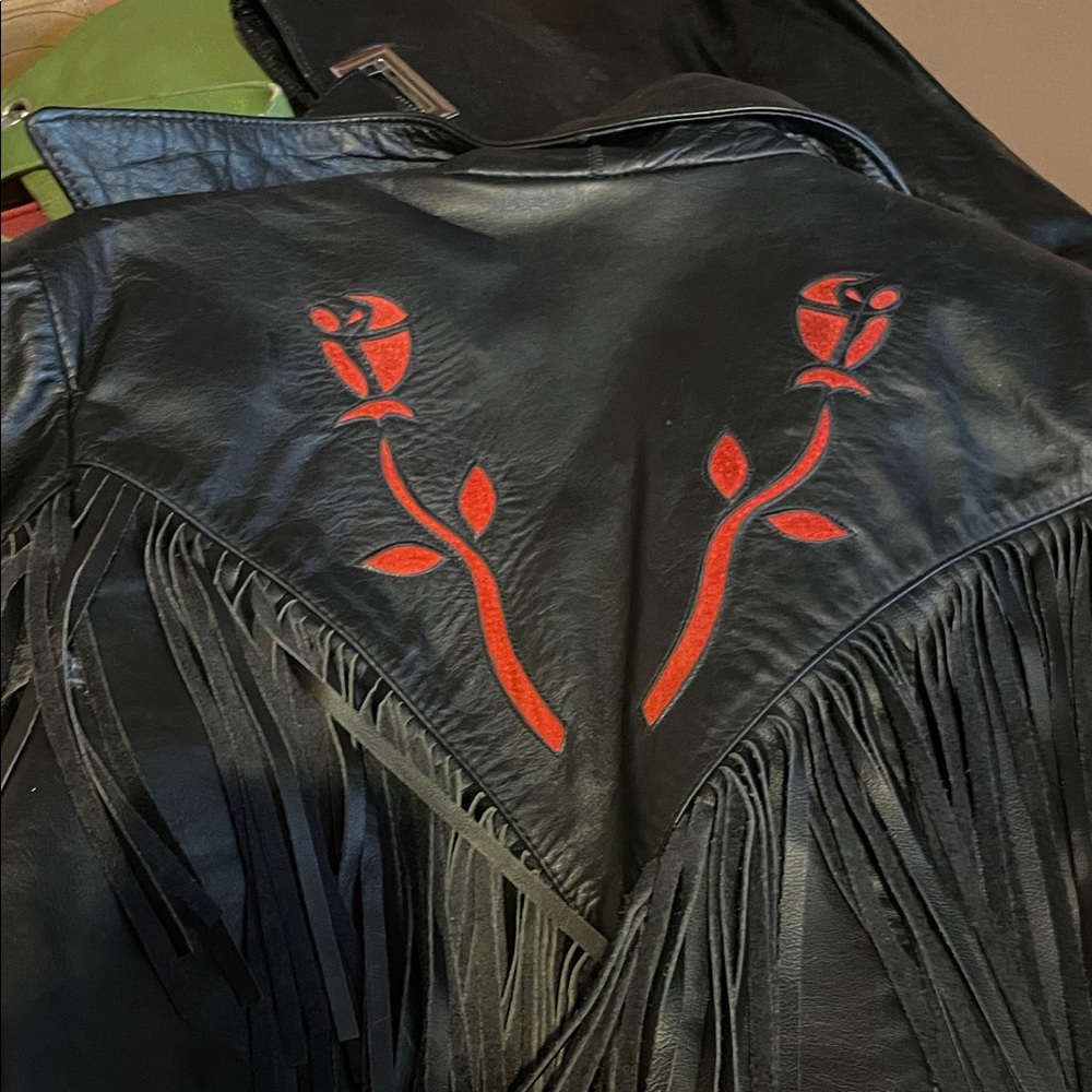 Fringed Black Bomber Jacket with Red Floral Design - Picture 2 of 3
